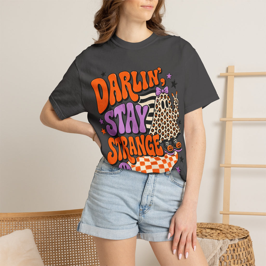 Darlin' Stay Strange Graphic T-Shirt — Retro Leopard Ghost Halloween Tee