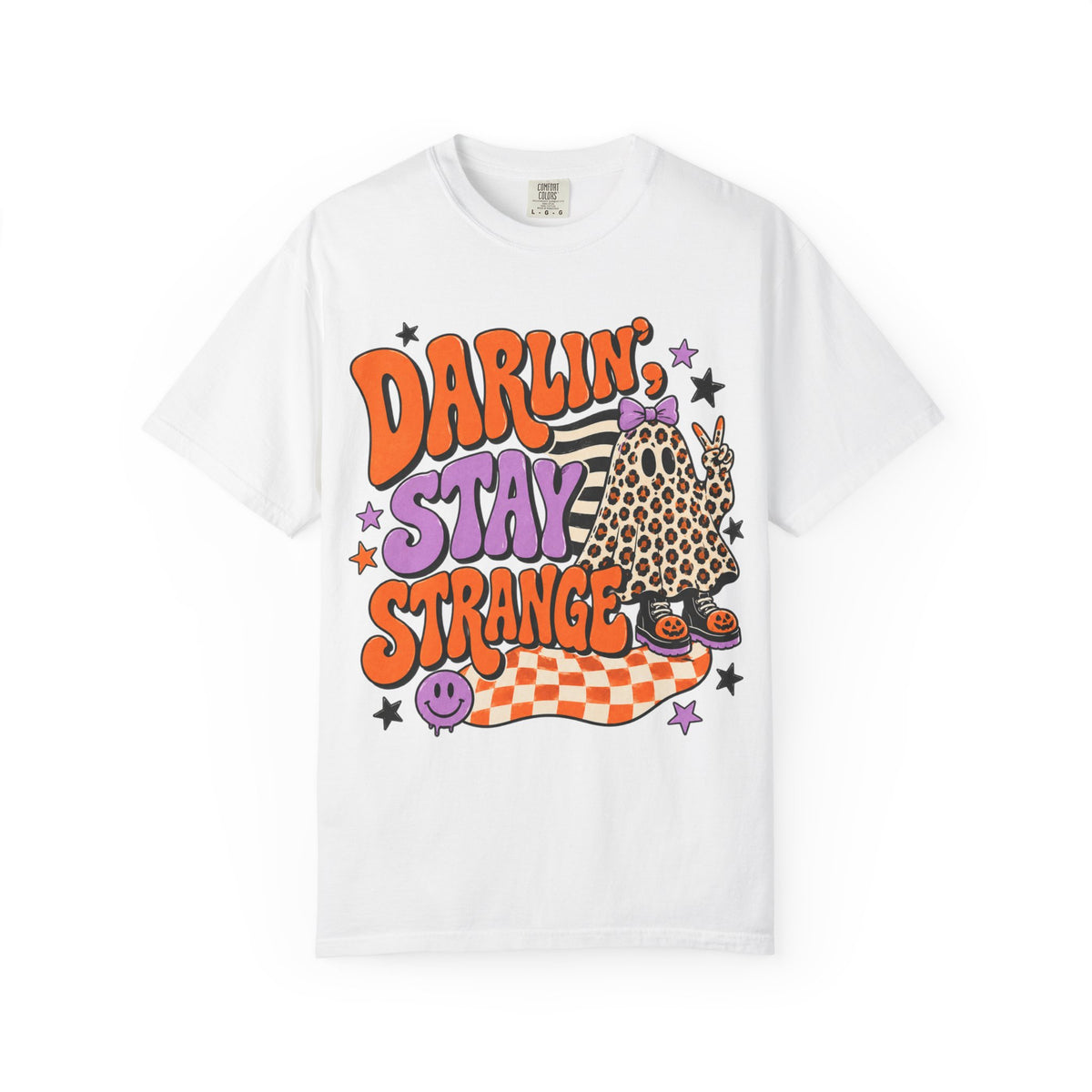 Darlin' Stay Strange Graphic T-Shirt — Retro Leopard Ghost Halloween Tee