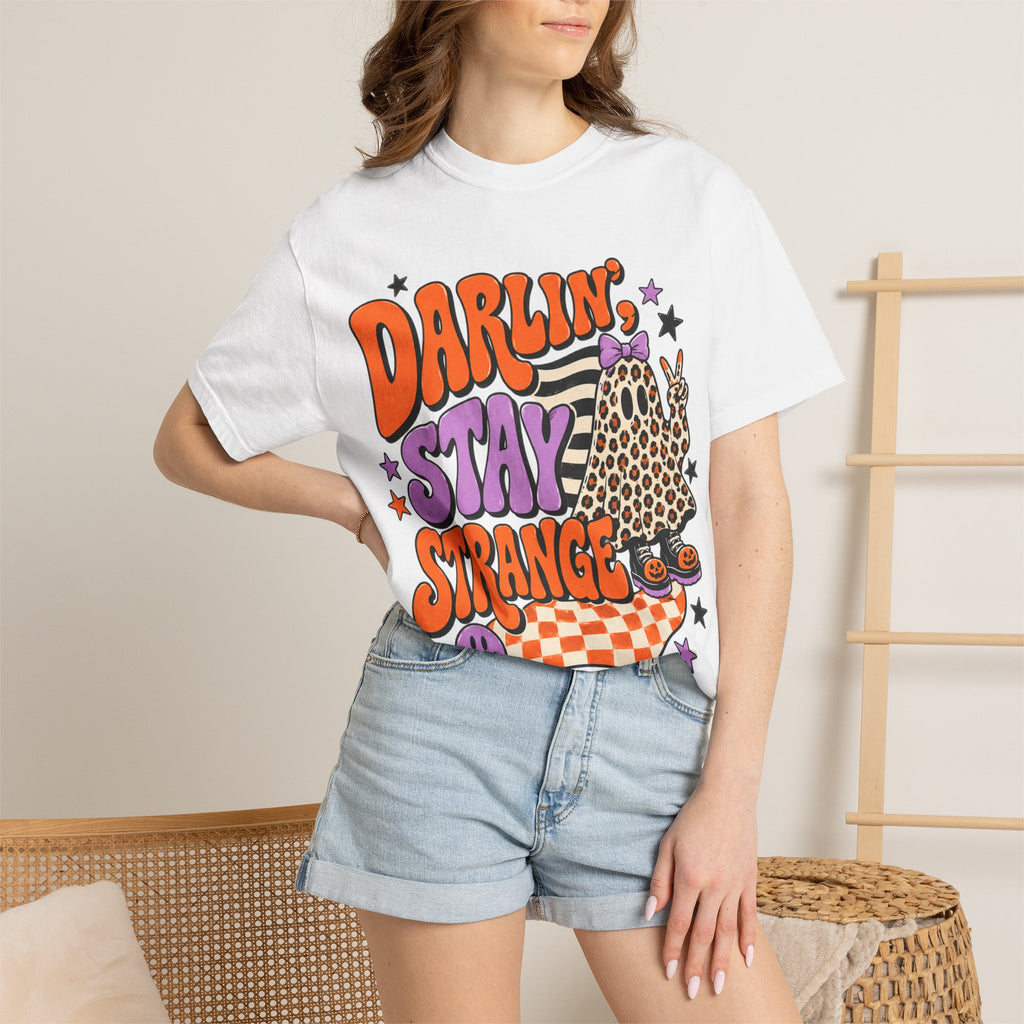 Darlin' Stay Strange Graphic T-Shirt — Retro Leopard Ghost Halloween Tee