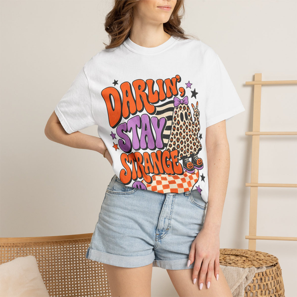 Darlin' Stay Strange Graphic T-Shirt — Retro Leopard Ghost Halloween Tee