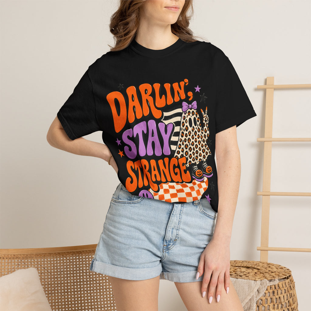 Darlin' Stay Strange Graphic T-Shirt — Retro Leopard Ghost Halloween Tee