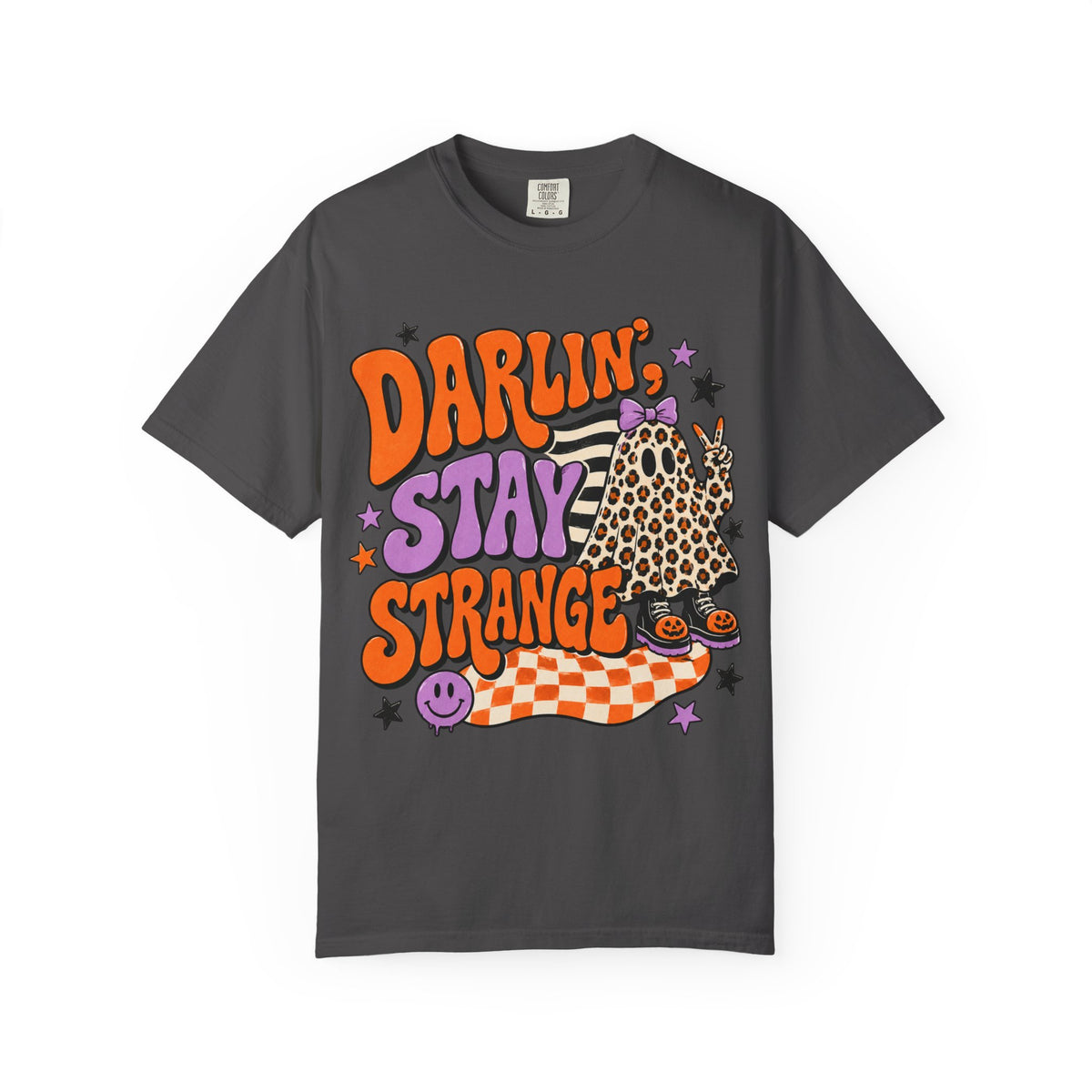 Darlin' Stay Strange Graphic T-Shirt — Retro Leopard Ghost Halloween Tee