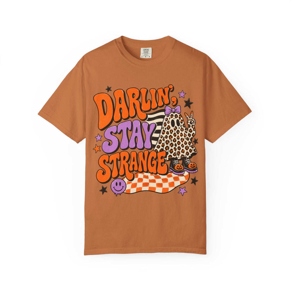 Darlin' Stay Strange Graphic T-Shirt — Retro Leopard Ghost Halloween Tee