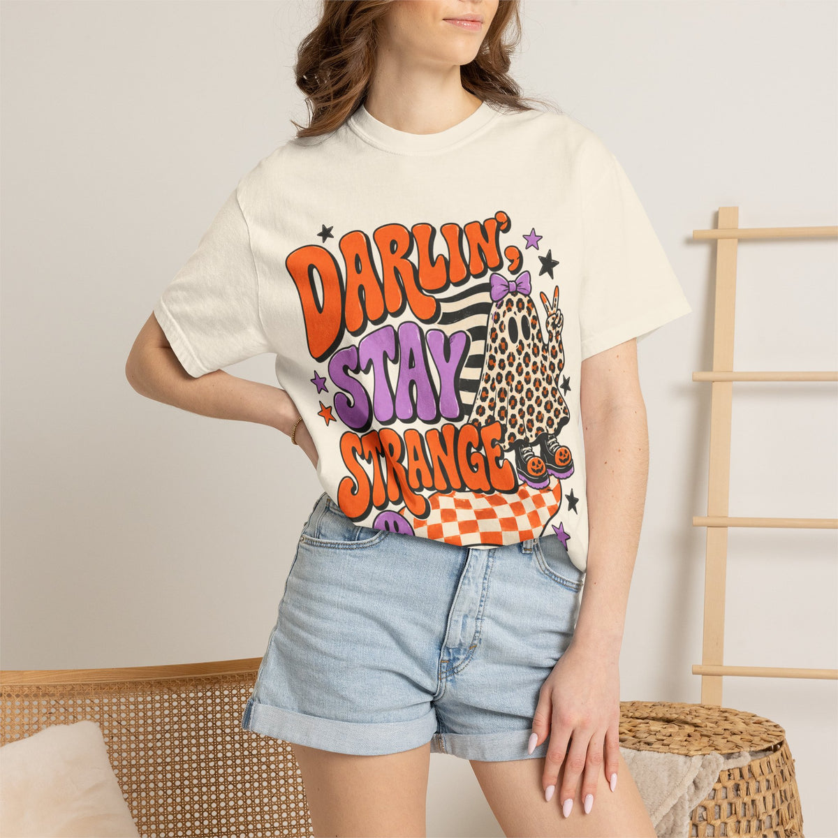 Darlin' Stay Strange Graphic T-Shirt — Retro Leopard Ghost Halloween Tee