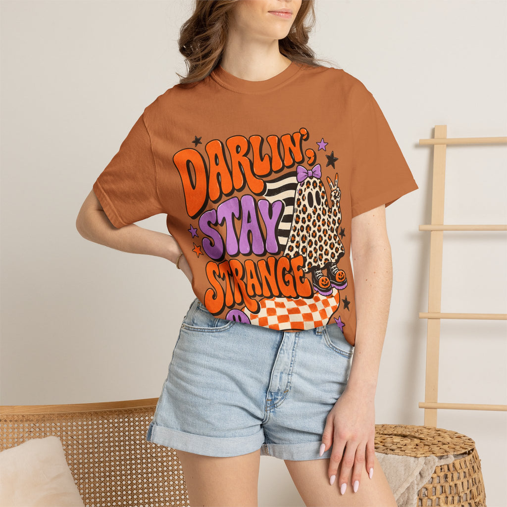 Darlin' Stay Strange Graphic T-Shirt — Retro Leopard Ghost Halloween Tee
